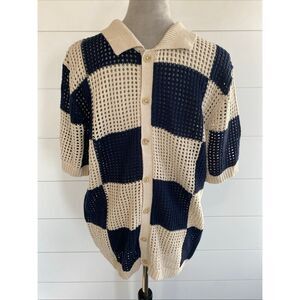 Art of Rhetoric Men's Size M Knit Crochet Sweater Button Collared Navy Cream New